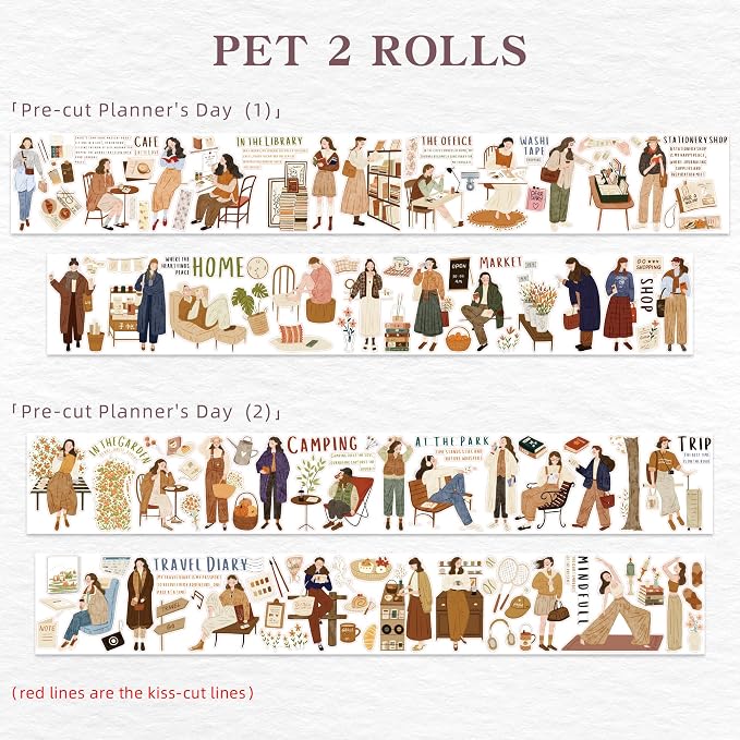 WT Pre-Cut Planner’s Day PET Tape Set, 2 Rolls, Original Designs, Waterproof - Image 9