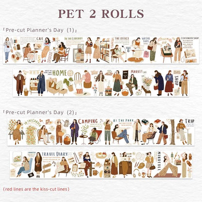 WT Pre-Cut Planner’s Day PET Tape Set, 2 Rolls, Original Designs, Waterproof - Image 9