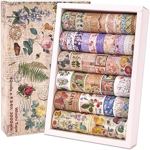 42 Rolls Vintage Washi Tape Set, Floral Letter Butterfly Mushroom Botanical by emmoolife