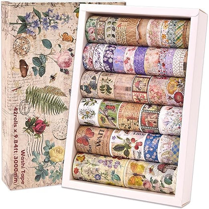 42 Rolls Vintage Washi Tape Set, Floral Letter Butterfly Mushroom Botanical by emmoolife