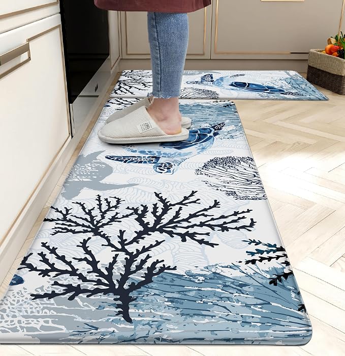 Coastal Beach Kitchen Floor Mat Rugs Nautical Decorative Coral Sea Turtle by weesire