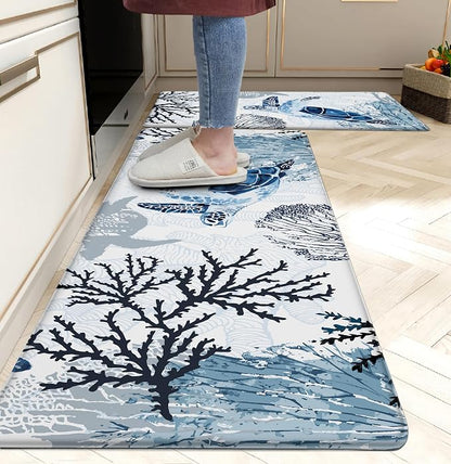 Coastal Beach Kitchen Floor Mat Rugs Nautical Decorative Coral Sea Turtle by weesire