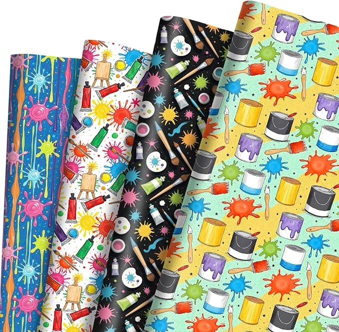 Pineraap 12 Sheets Art Wrapping Paper, Painting Palette Brushes Paint Design by Pineraap