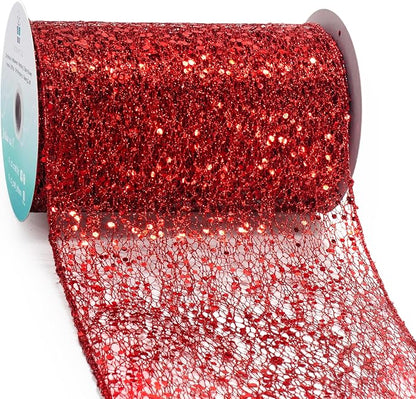 CT CRAFT LLC Sparkling Glitter Mesh Wired Ribbon 6" x 10 Yards Red by CTCRAFTLLC