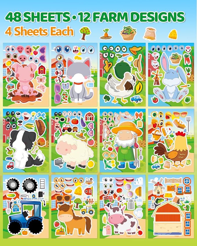 Aowplc 48 Sheets Farm Animal Make‑a‑Face Stickers - Image 2
