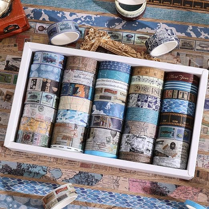 38 Rolls Vintage Washi Tape Set, Vintage Travel Stamp Map Scenery Art Letter - Image 4