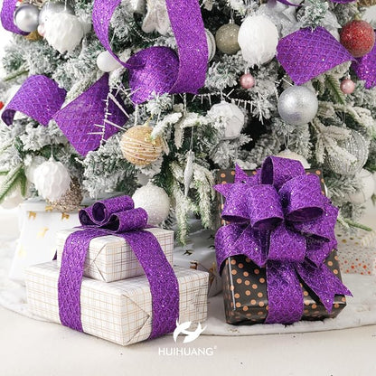 HUIHUANG Purple Wired Christmas Ribbon 4 inch Purple Glitter Wired Ribbon - Image 4