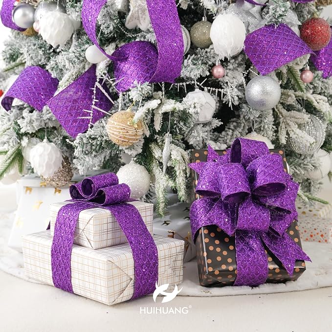 HUIHUANG Purple Wired Ribbon for Christmas Tree 2.5 inch Purple Glitter Diamond - Image 5