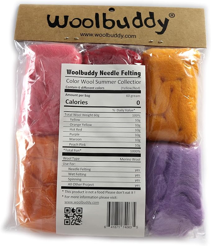 Woolbuddy Needle Felting Wool, Natural Handmade Wool Roving, 6 Vibrant Colors - Image 2