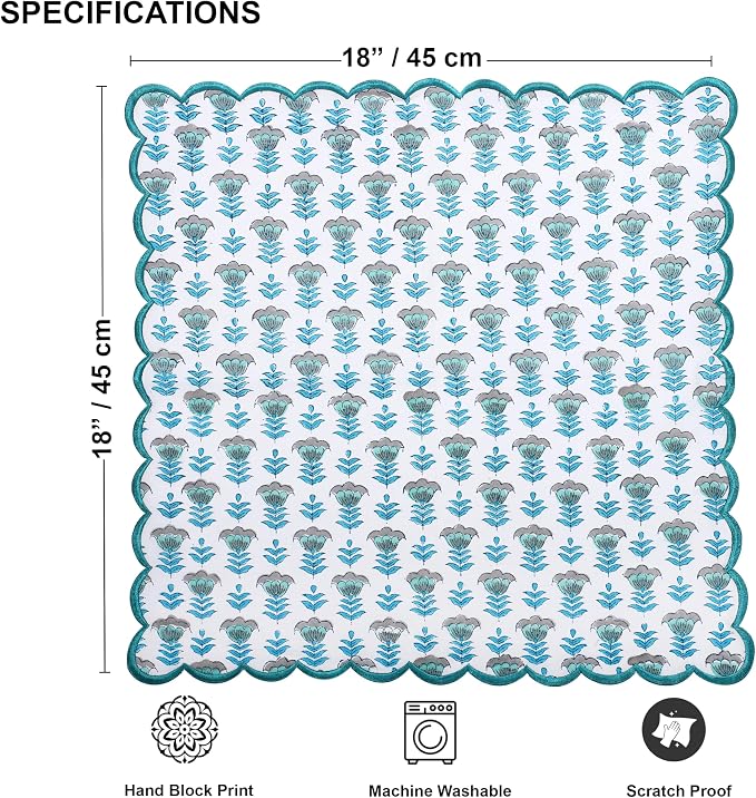 Ridhi Aquamarine Blue Hand Block Print Napkins 18" x 18" Set of 4 Reusable - Image 7