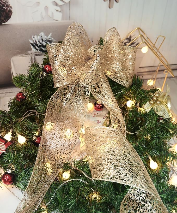 CT CRAFT LLC Sparkling Glitter Mesh Wired Ribbon 4" x 10 Yards Champagne Gold - Image 6