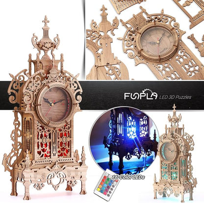 3D Wood Puzzle LED Tower Clock, 3D Puzzle Building Desktop Clock Model DIY - Image 3