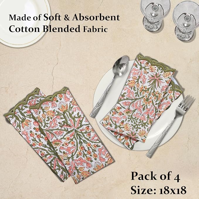 Ridhi Sassy Salmon Pink Hand Block Print Napkins 18" x 18" Set of 4 Reusable - Image 4