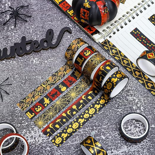 Whaline 12 Rolls Halloween Washi Tapes Red Black Foil Gold Decorative Tapes - Image 5