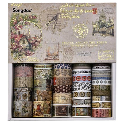 36 Rolls Vintage Washi Tape Pack Retro Arts Adhesive Tapes Wide Chronicle - Image 3
