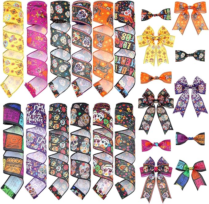 12 Rolls 60 Yards Day of The Dead Wired Edge Ribbons Black Purple Sugar Skull by Unknown