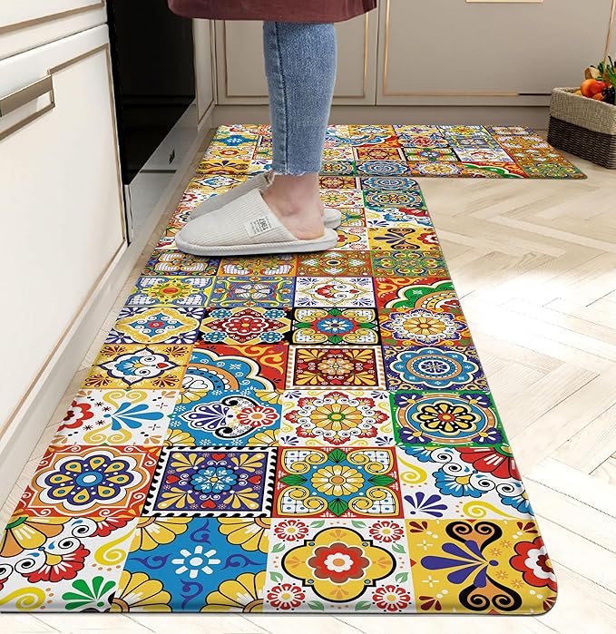Boho Kitchen Rugs Set 2 Memory Foam Colorful Ceramic Comfort Tile Floor Mat by weesire