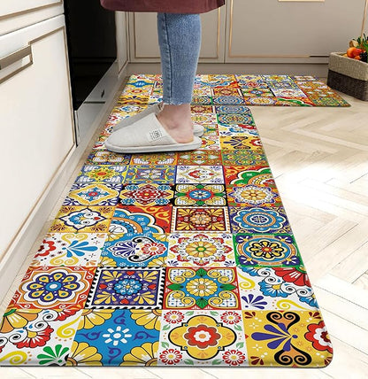 Boho Kitchen Rugs Set 2 Memory Foam Colorful Ceramic Comfort Tile Floor Mat by weesire
