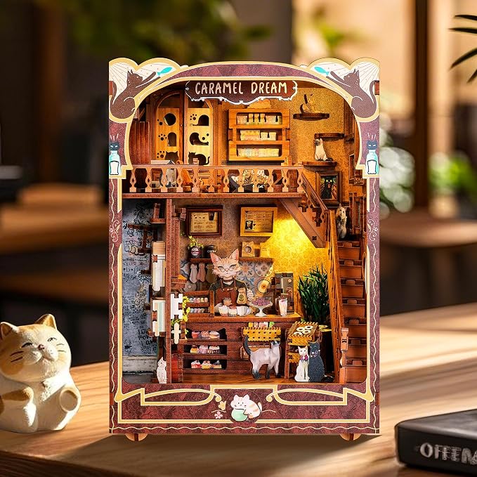 3D Wood Puzzle Book Nook Kit, Caramel Dream Cat Café Bookshelf Insert by FUNPOLAHomeDecor3DPuzzles