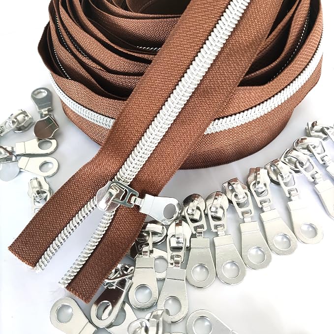 Leekayer #5 Metallic Silver Nylon Coil Zippers by The Yard Bulk 10 Yards Brown - Image 8