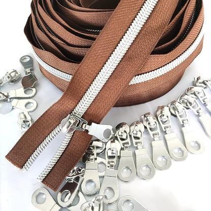 Leekayer #5 Metallic Silver Nylon Coil Zippers by The Yard Bulk 10 Yards Brown - Image 8
