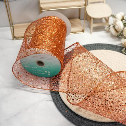 CT CRAFT LLC Sparkling Glitter Mesh Wired Ribbon 6" x 10 Yards Bronze Orange - Image 4