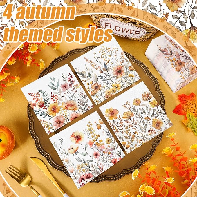 Fulmoon 200 Pieces Fall Floral Cocktail Napkins Disposable Thanksgiving Day - Image 6