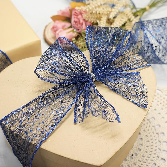 CT CRAFT LLC Sparkling Glitter Mesh Wired Ribbon 2.5" x 20 Yards Blue Navy - Image 5