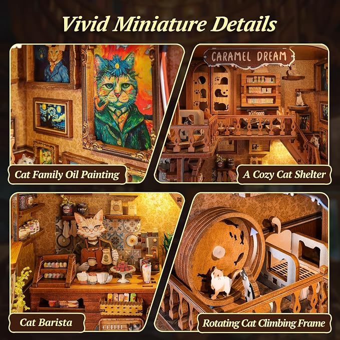 3D Wood Puzzle Book Nook Kit, Caramel Dream Cat Café Bookshelf Insert - Image 3