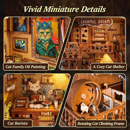 3D Wood Puzzle Book Nook Kit, Caramel Dream Cat Café Bookshelf Insert - Image 3