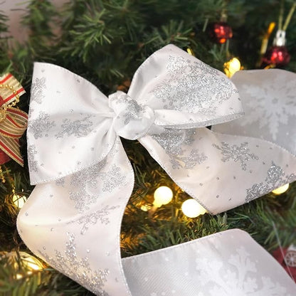 CT CRAFT LLC White Satin with Silver Snowflake Wired Ribbon 4 Inch x 10 Yards - Image 6
