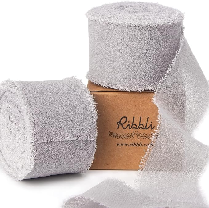 Ribbli Light Grey Chiffon Ribbon 1-1/2 inch x 20 Yard Handmade Fringe Chiffon by Ribbli