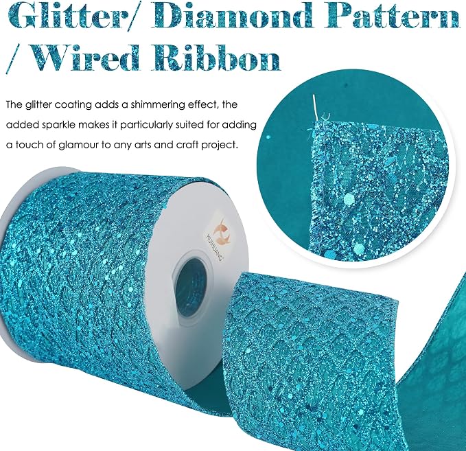 HUIHUANG Turquoise Glitter Wired Ribbon 4 inch Teal Christmas Tree Ribbon - Image 3