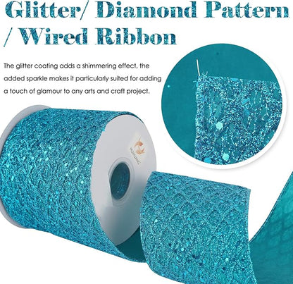 HUIHUANG Turquoise Glitter Wired Ribbon 4 inch Teal Christmas Tree Ribbon - Image 3