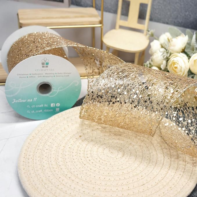 CT CRAFT LLC Sparkling Glitter Mesh Wired Ribbon 4" x 10 Yards Champagne Gold - Image 7