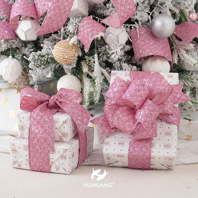 HUIHUANG Pink Glitter Wired Ribbon - Image 4
