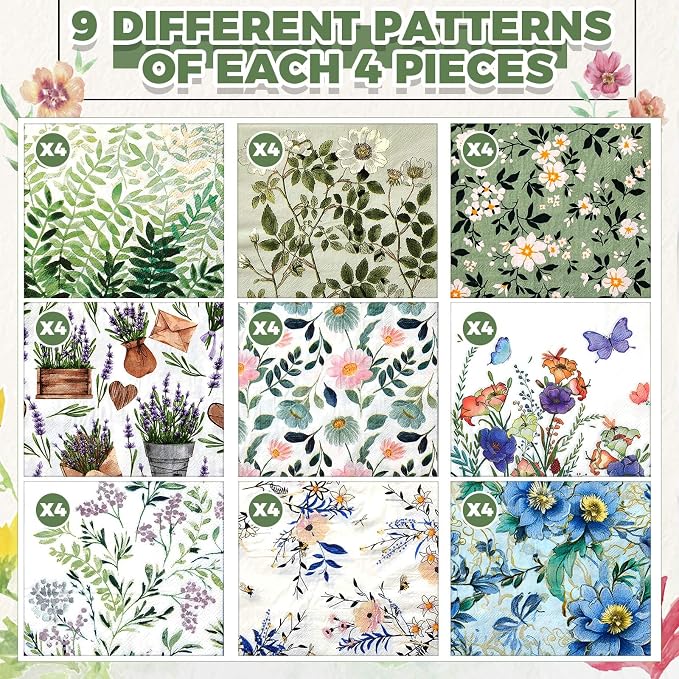 Crtiin 36 Pack 9 Styles Decoupage Napkins Assorted Floral Decorative Decoupage - Image 6