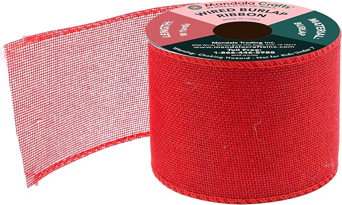 Mandala Crafts Red Burlap Wired Ribbon 3 Inches Wide Jute Ribbons - Image 2