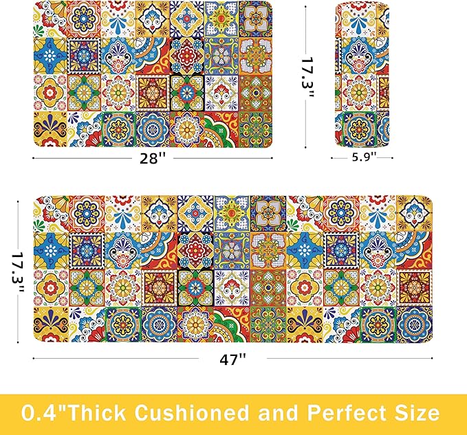 Boho Kitchen Rugs Set 2 Memory Foam Colorful Ceramic Comfort Tile Floor Mat - Image 2