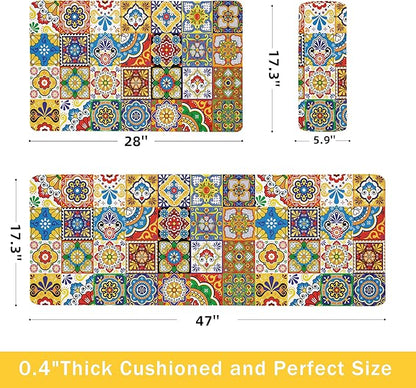 Boho Kitchen Rugs Set 2 Memory Foam Colorful Ceramic Comfort Tile Floor Mat - Image 2