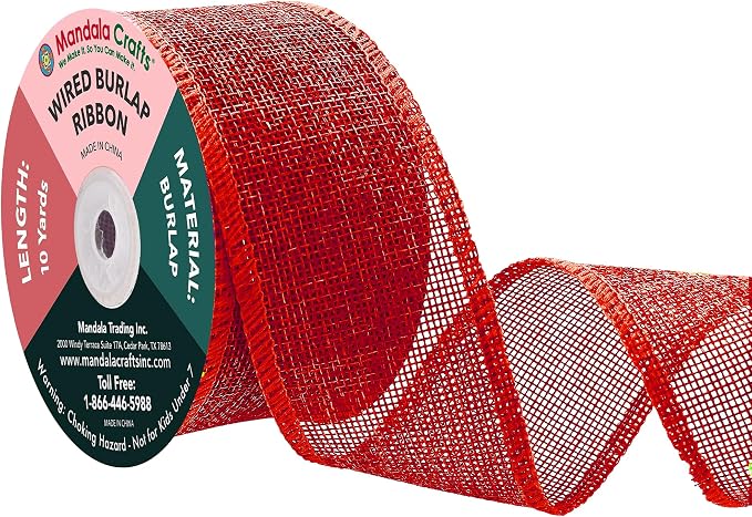 Mandala Crafts Red Burlap Wired Ribbon 2 Inches Wide Jute Ribbons by MandalaCrafts