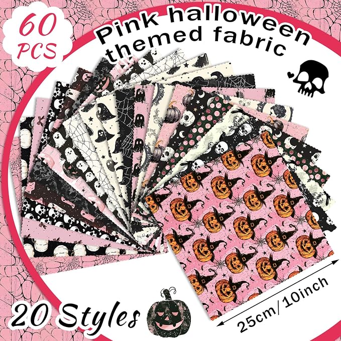 Ganeen 60 Pcs 10 x 10 Inch Pink Halloween Quilting Fabric Squares Vintage Pink - Image 2