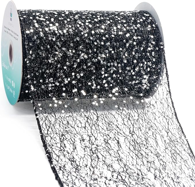 CT CRAFT LLC Sparkling Glitter Mesh Wired Ribbon 6" x 10 Yards Black by CTCRAFTLLC
