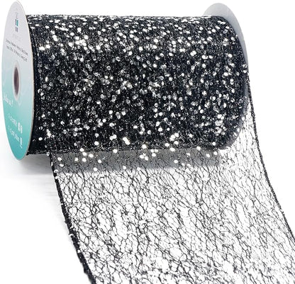 CT CRAFT LLC Sparkling Glitter Mesh Wired Ribbon 6" x 10 Yards Black by CTCRAFTLLC