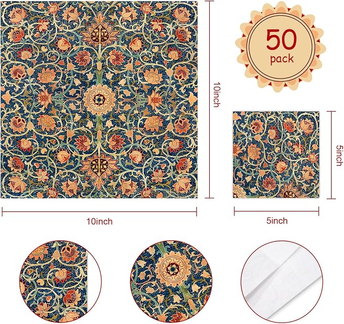 Quera 50 Pack William Morris Cocktail Napkins Vintage Floral Blue Paper Napkins - Image 3