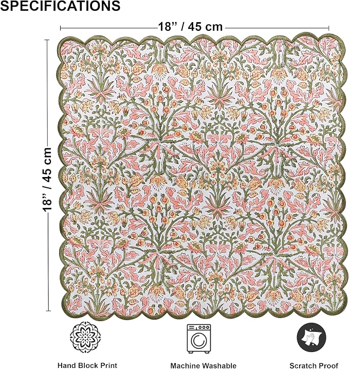 Ridhi Sassy Salmon Pink Hand Block Print Napkins 18" x 18" Set of 4 Reusable - Image 3