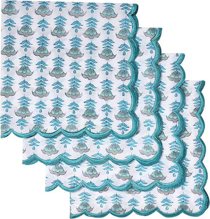 Ridhi Aquamarine Blue Hand Block Print Napkins 18" x 18" Set of 4 Reusable by Ridhi