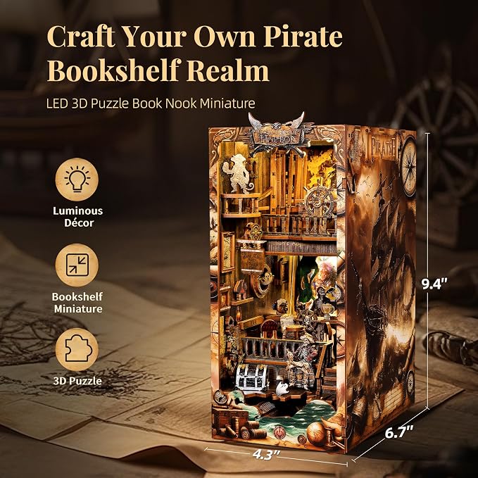 3D Wood Puzzle Book Nook Kit, Pirate Bookshelf Insert - Image 2