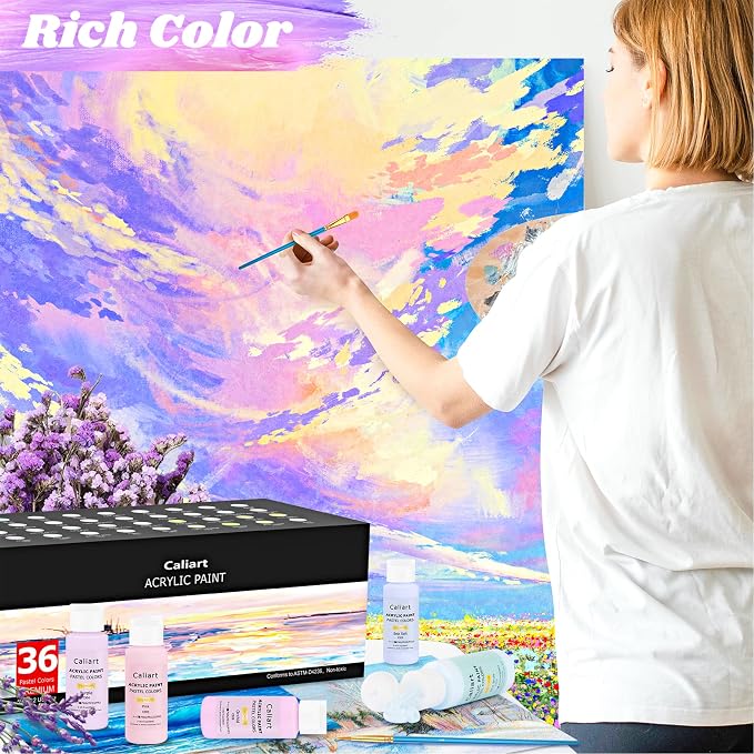Caliart Acrylic Paint Set with 12 Brushes, 36 Pastel Colors Art Craft Paint - Image 3