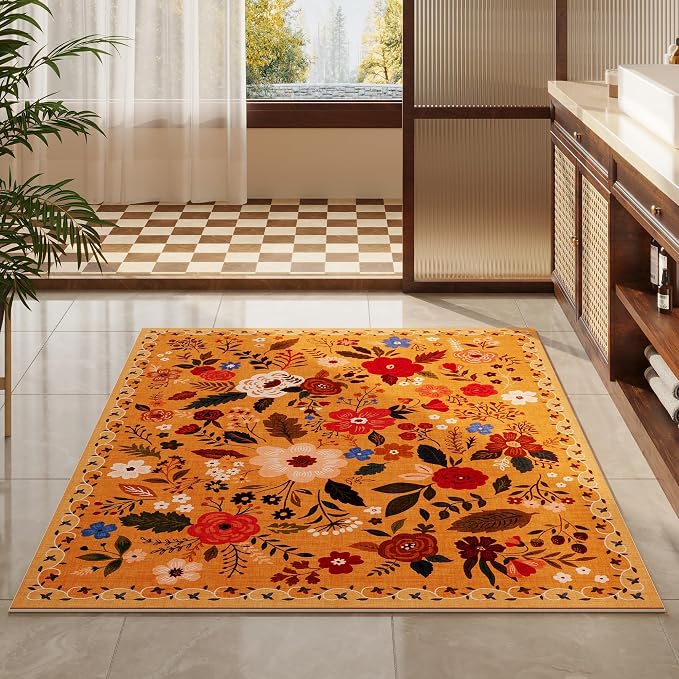 Rugcomf Area Rug 4x6 Rug Washable Boho Rugs Non Slip Low Pile Floral Small - Image 7